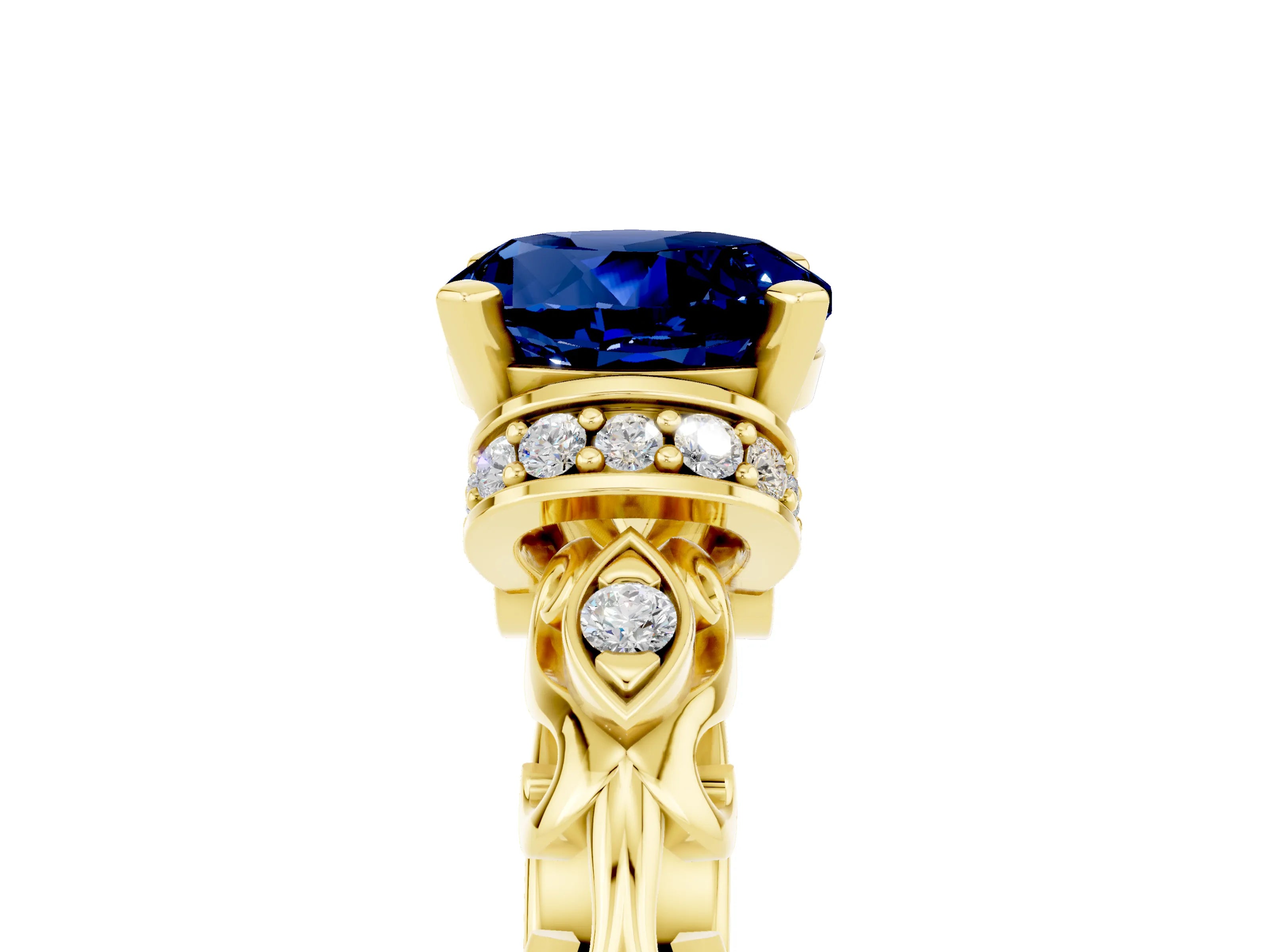 Yellow gold Round Cut Blue Sapphire Solitaire Ring with Filigree Band and Four-Prong Setting_29
