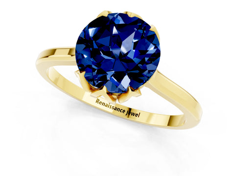 Yellow gold Round Cut Blue Sapphire Solitaire Ring with Flower Prong Setting and Classic Band_13