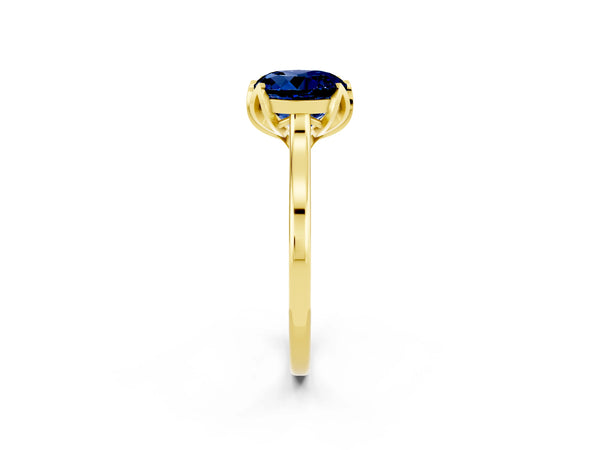 Yellow gold Round Cut Blue Sapphire Solitaire Ring with Flower Prong Setting and Classic Band