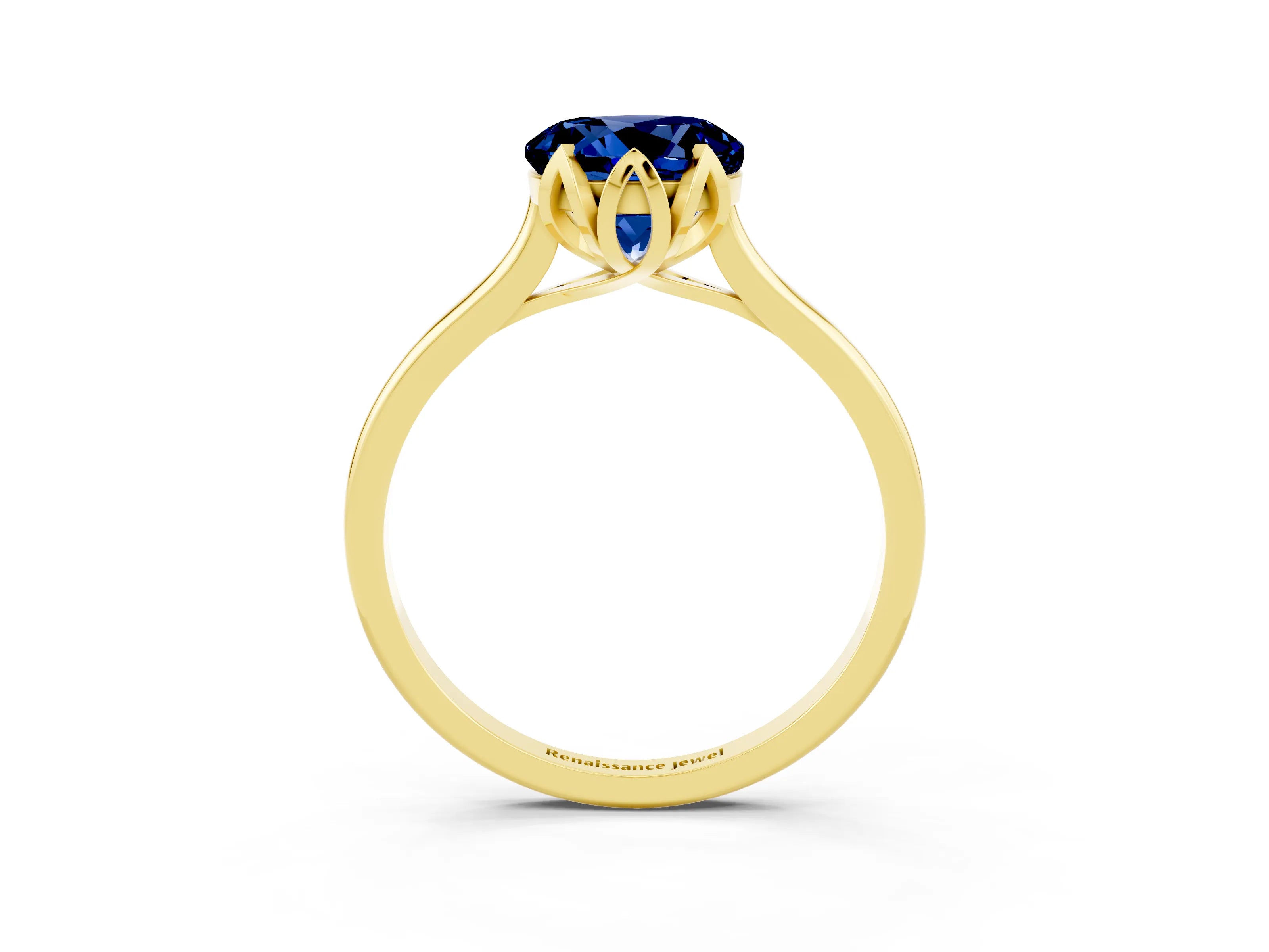 Yellow gold Round Cut Blue Sapphire Solitaire Ring with Flower Prong Setting and Classic Band_15