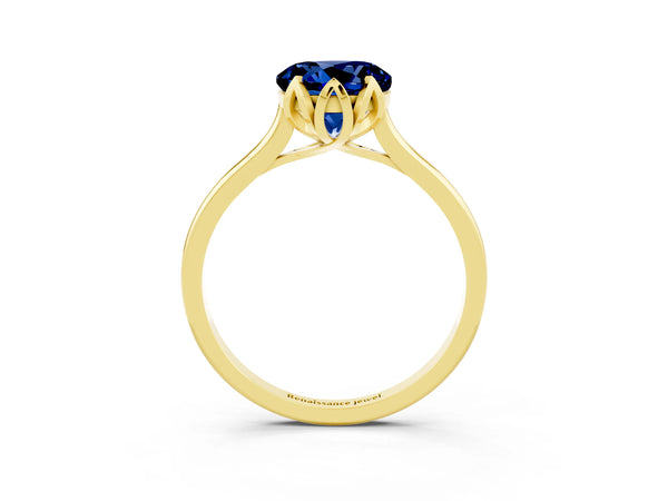 Yellow gold Round Cut Blue Sapphire Solitaire Ring with Flower Prong Setting and Classic Band