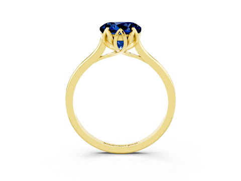 Yellow gold Round Cut Blue Sapphire Solitaire Ring with Flower Prong Setting and Classic Band_15