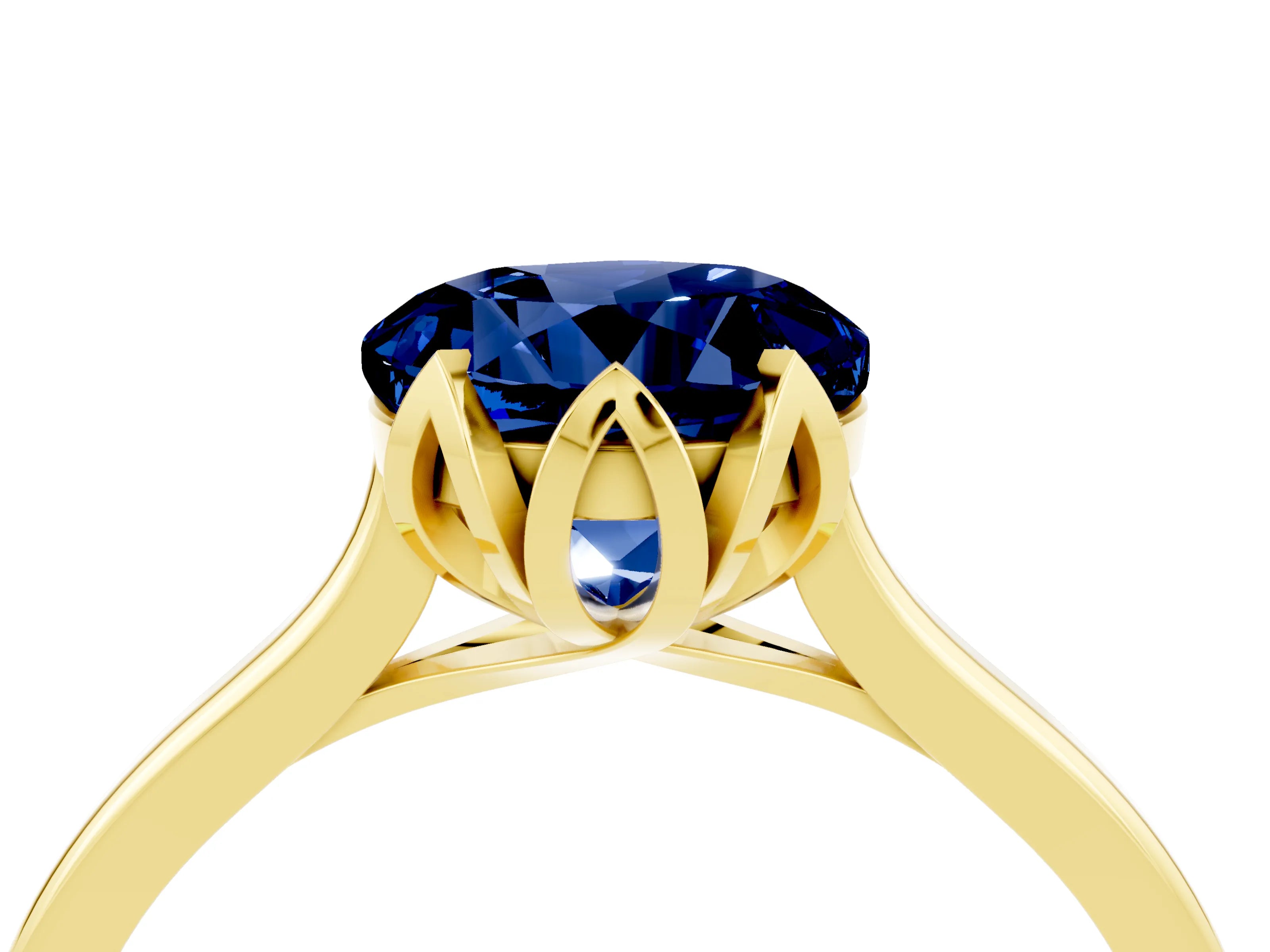 Yellow gold Round Cut Blue Sapphire Solitaire Ring with Flower Prong Setting and Classic Band_16