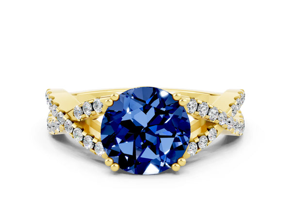 Yellow gold Round Cut Blue Sapphire Solitaire Ring with Four-Prong Setting and Twisted Pavé Band