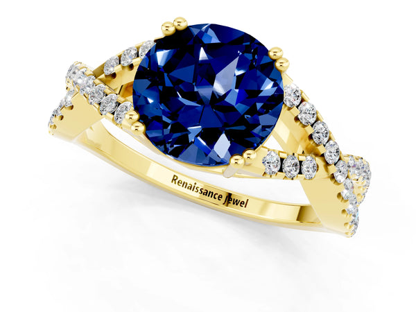 Yellow gold Round Cut Blue Sapphire Solitaire Ring with Four-Prong Setting and Twisted Pavé Band