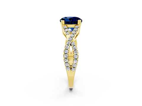 Yellow gold Round Cut Blue Sapphire Solitaire Ring with Four-Prong Setting and Twisted Pavé Band_2