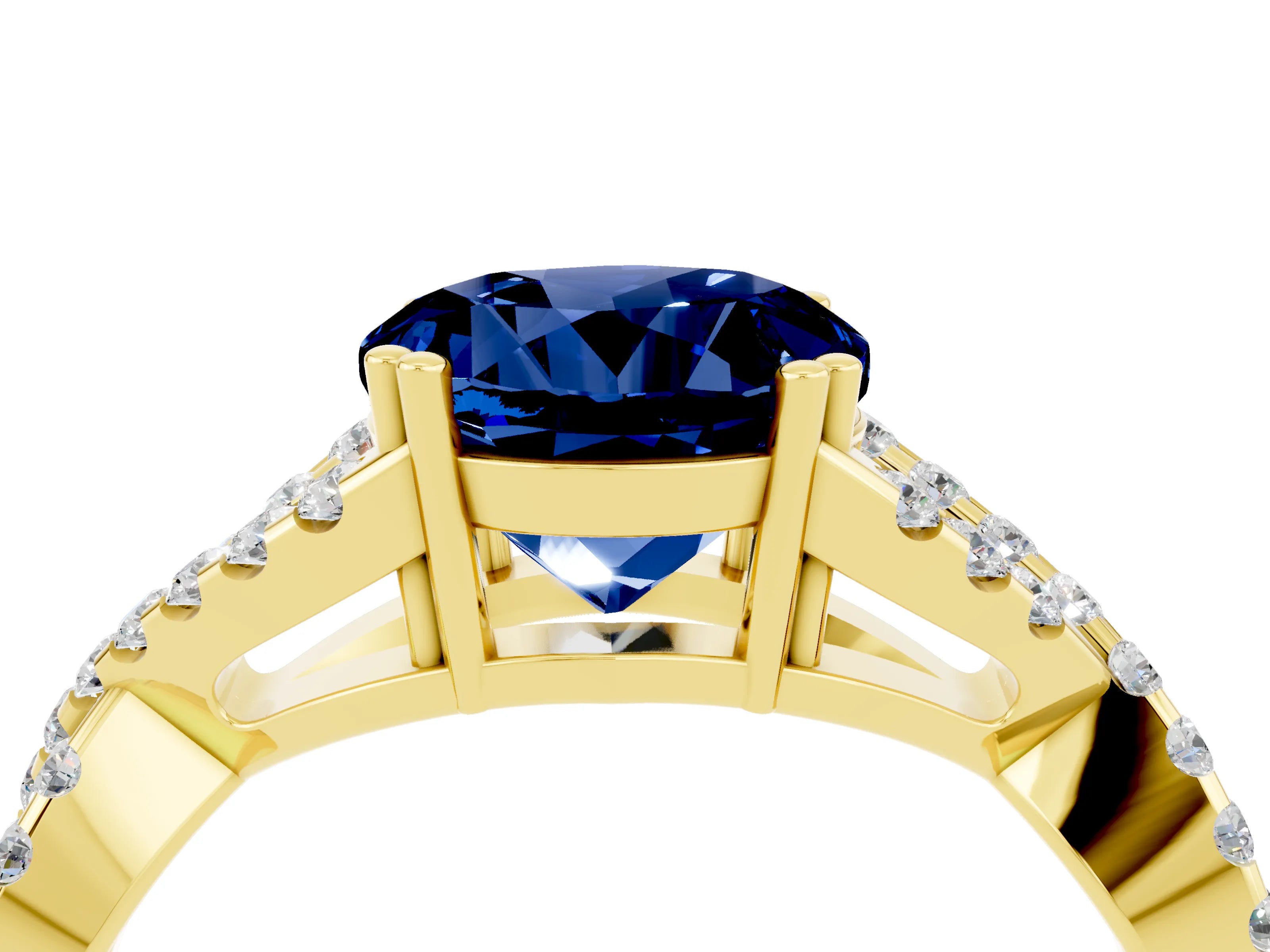 Yellow gold Round Cut Blue Sapphire Solitaire Ring with Four-Prong Setting and Twisted Pavé Band_4