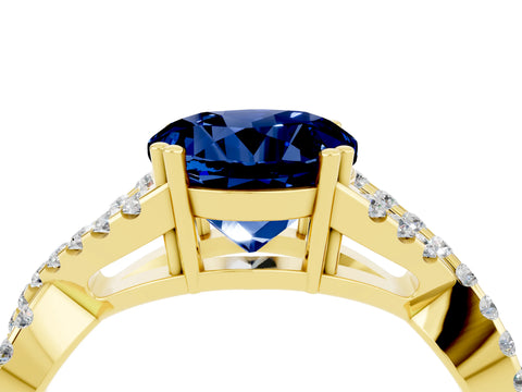 Yellow gold Round Cut Blue Sapphire Solitaire Ring with Four-Prong Setting and Twisted Pavé Band_4