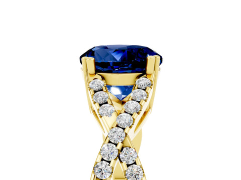 Yellow gold Round Cut Blue Sapphire Solitaire Ring with Four-Prong Setting and Twisted Pavé Band_5