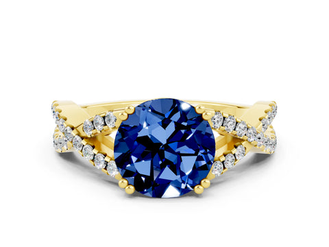 Yellow gold Round Cut Blue Sapphire Solitaire Ring with Four-Prong Setting and Twisted Pavé Band