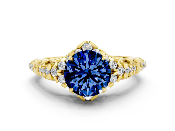 Yellow gold Round Cut Blue Sapphire Solitaire Ring with Hidden Halo and Pavé Band
