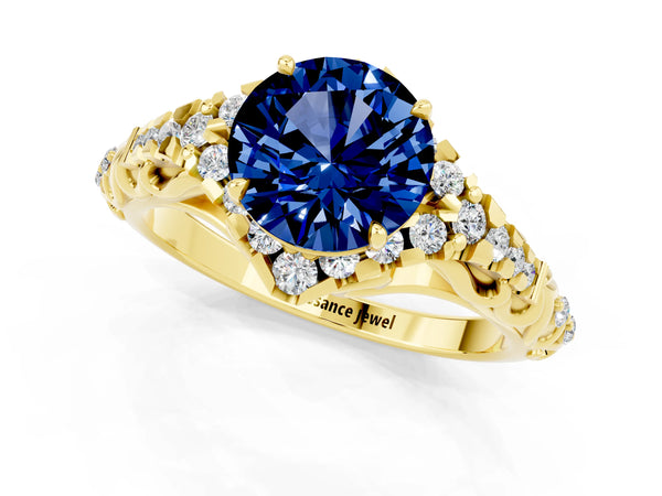 Yellow gold Round Cut Blue Sapphire Solitaire Ring with Hidden Halo and Pavé Band