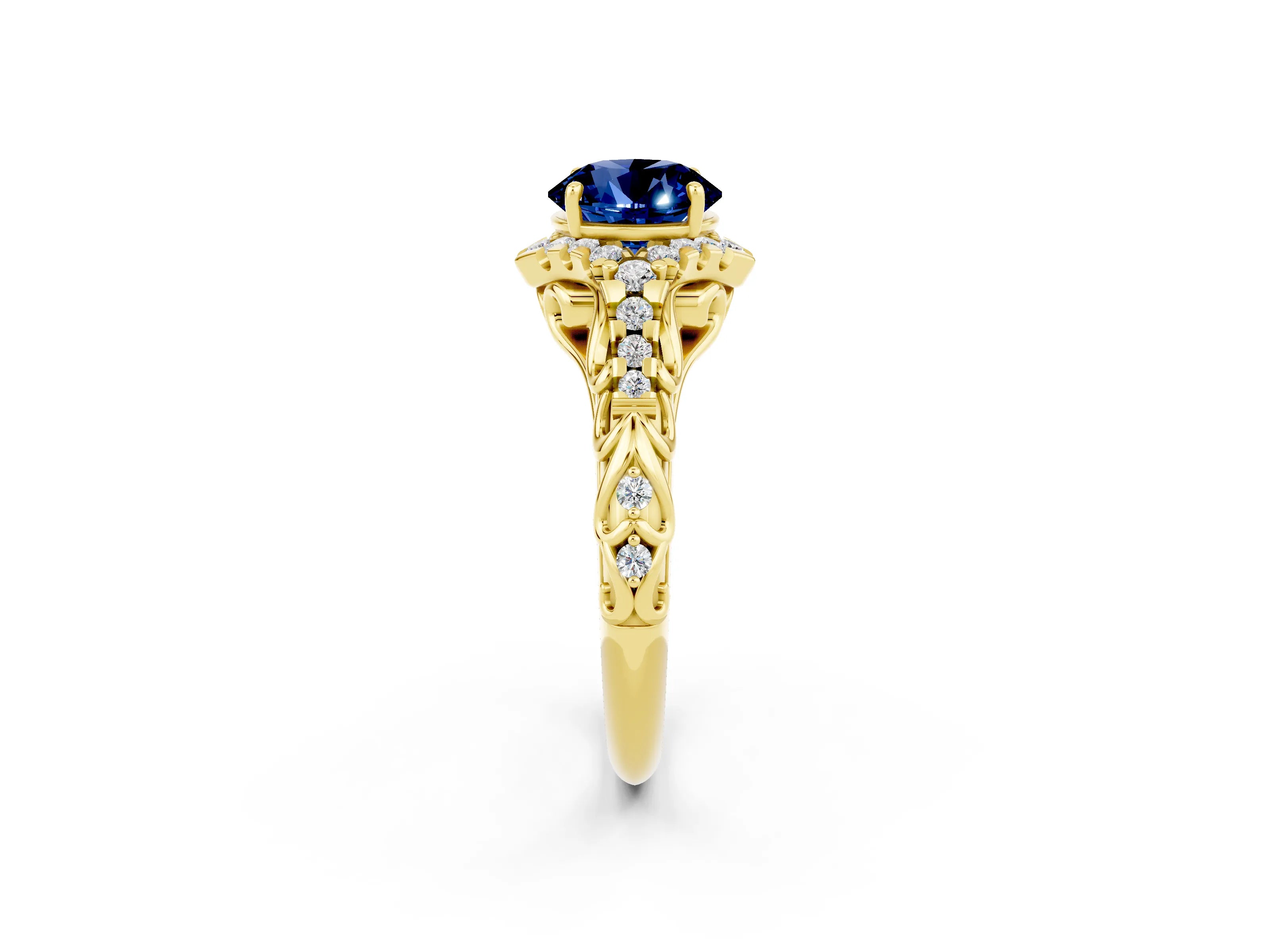 Yellow gold Round Cut Blue Sapphire Solitaire Ring with Hidden Halo and Pavé Band_14