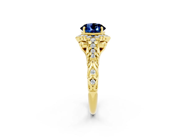 Yellow gold Round Cut Blue Sapphire Solitaire Ring with Hidden Halo and Pavé Band