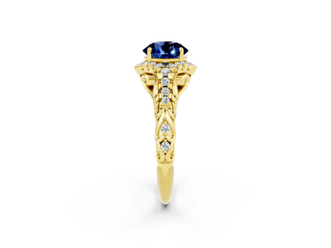 Yellow gold Round Cut Blue Sapphire Solitaire Ring with Hidden Halo and Pavé Band_14