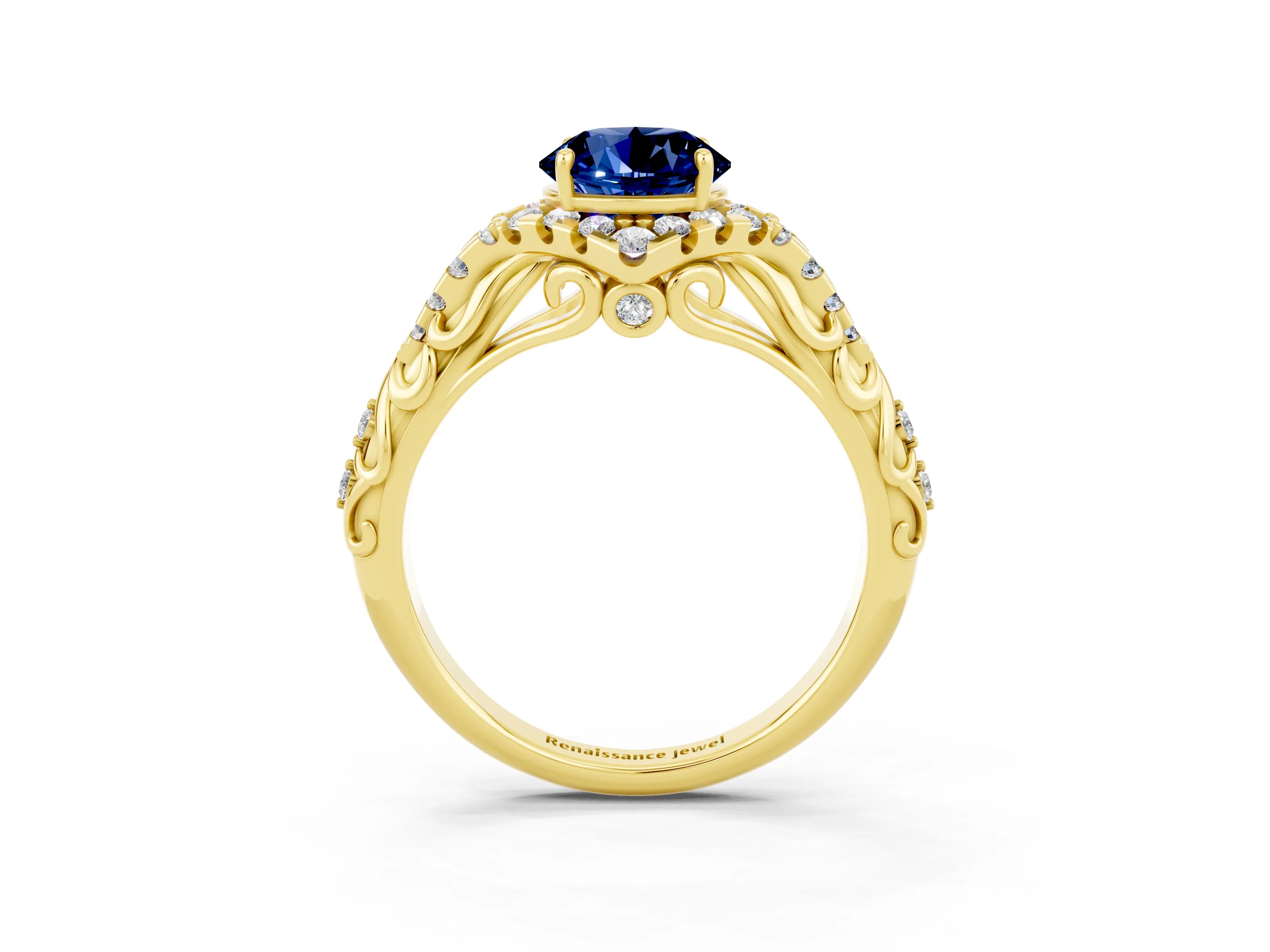 Yellow gold Round Cut Blue Sapphire Solitaire Ring with Hidden Halo and Pavé Band_15