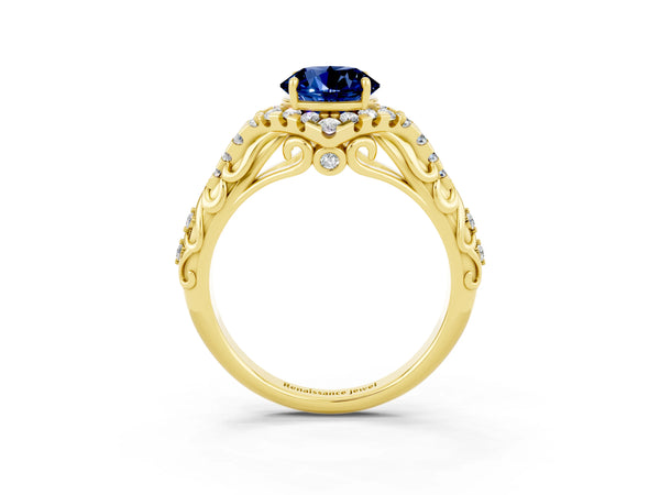 Yellow gold Round Cut Blue Sapphire Solitaire Ring with Hidden Halo and Pavé Band