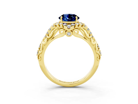 Yellow gold Round Cut Blue Sapphire Solitaire Ring with Hidden Halo and Pavé Band_15