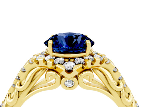Yellow gold Round Cut Blue Sapphire Solitaire Ring with Hidden Halo and Pavé Band_16
