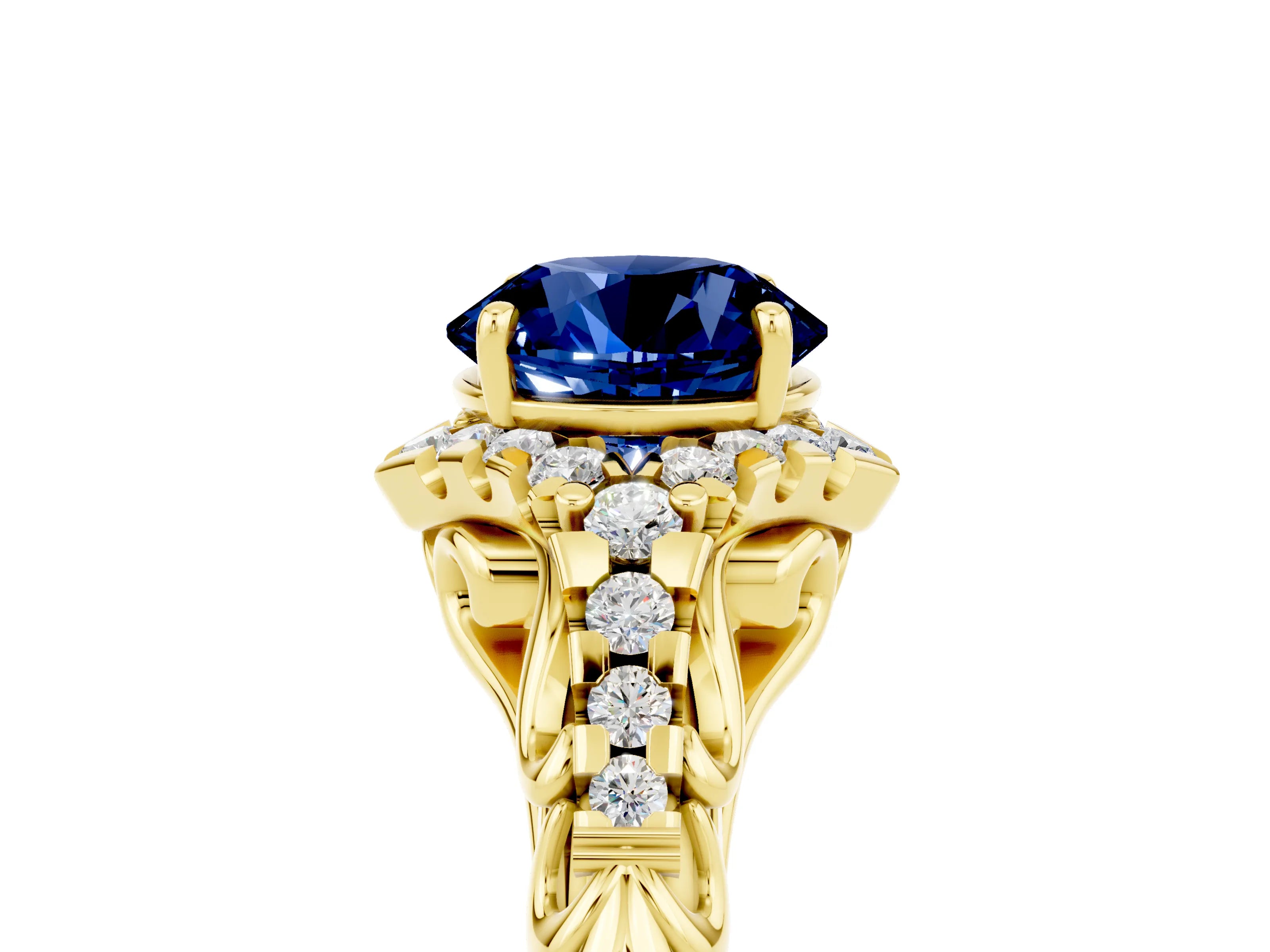 Yellow gold Round Cut Blue Sapphire Solitaire Ring with Hidden Halo and Pavé Band_17