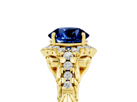 Yellow gold Round Cut Blue Sapphire Solitaire Ring with Hidden Halo and Pavé Band_17