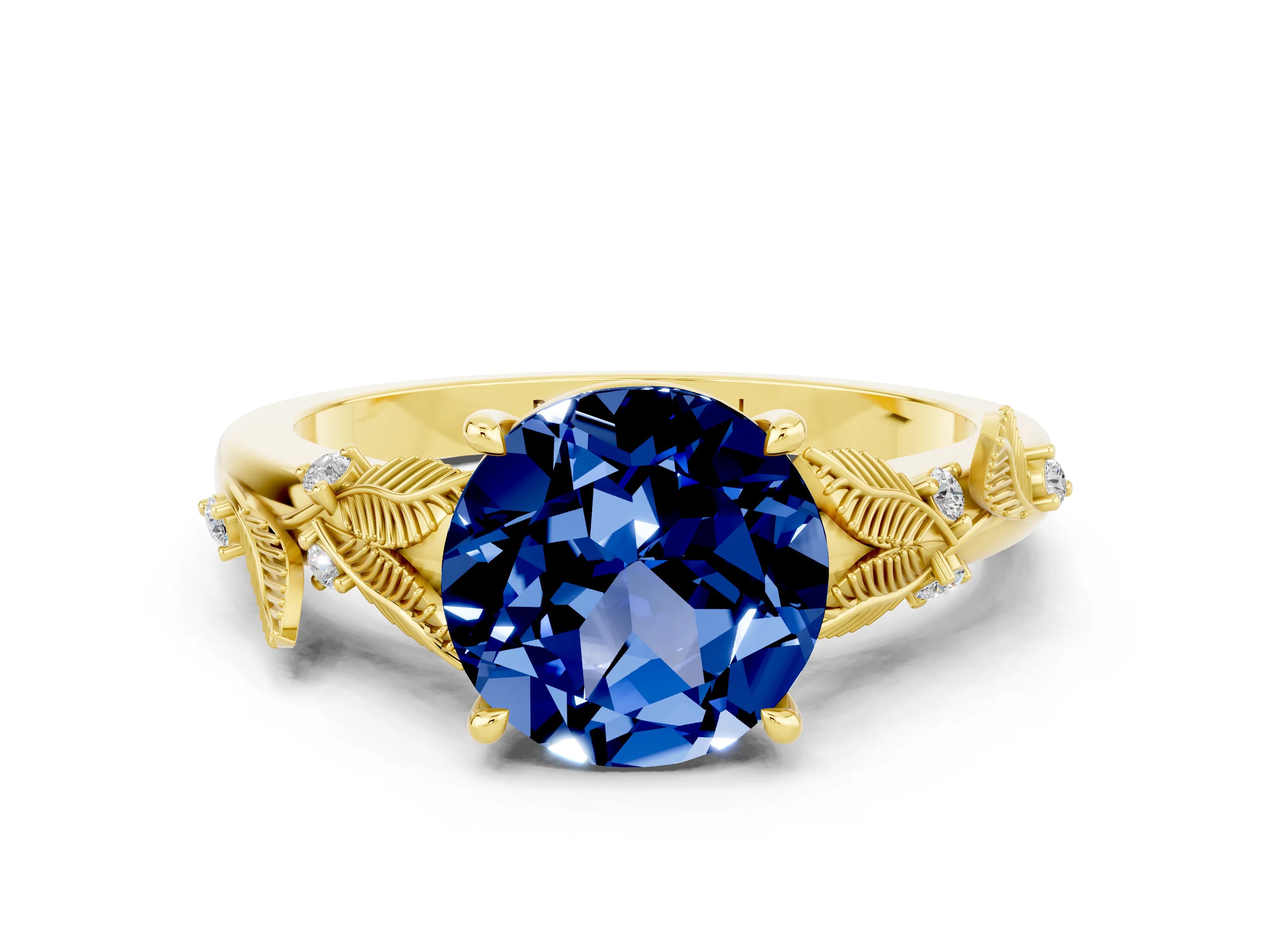 Yellow gold Round Cut Blue Sapphire Solitaire Ring with Leaf Motif Band and Four-Prong Setting