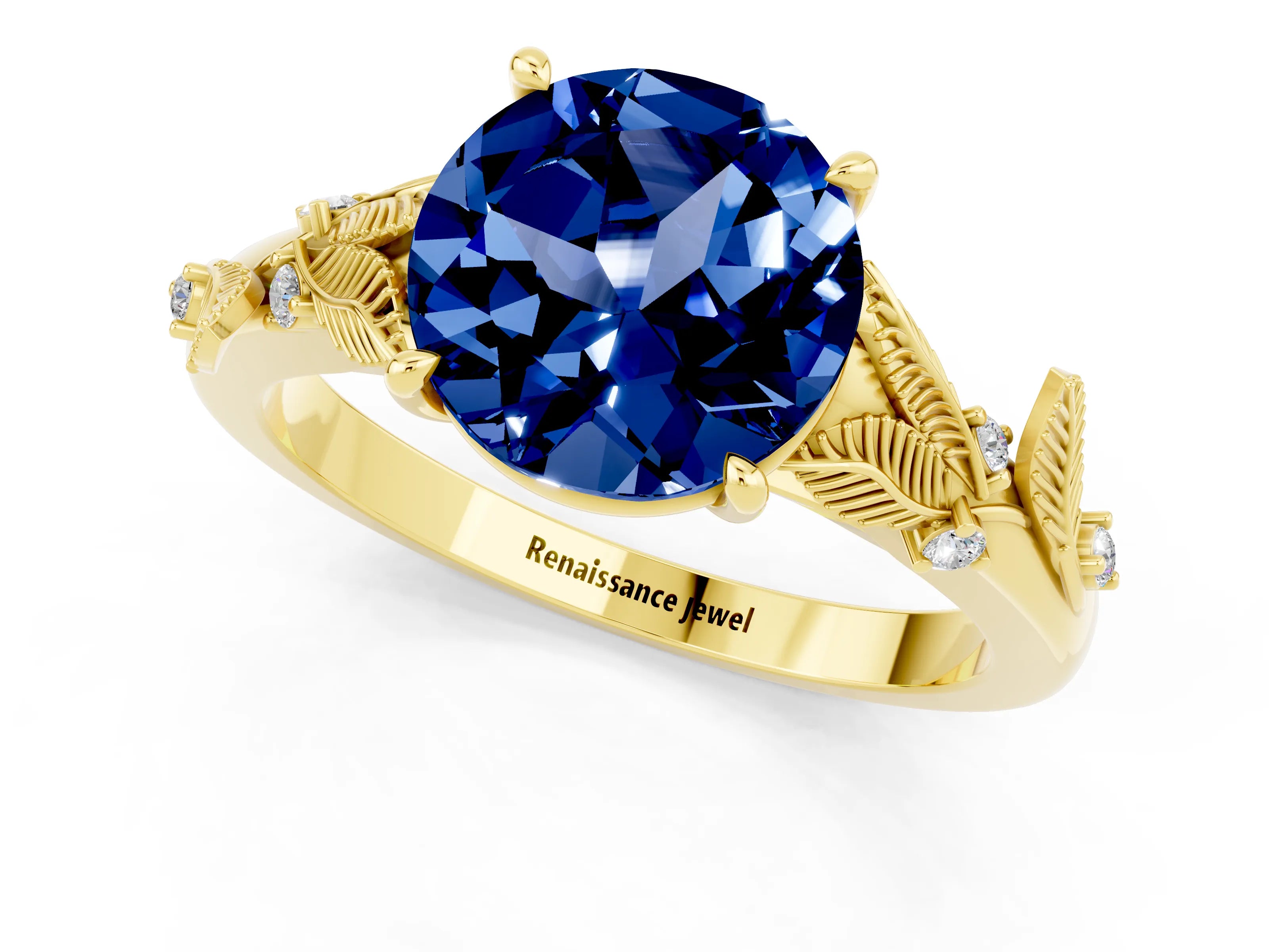 Yellow gold Round Cut Blue Sapphire Solitaire Ring with Leaf Motif Band and Four-Prong Setting_1