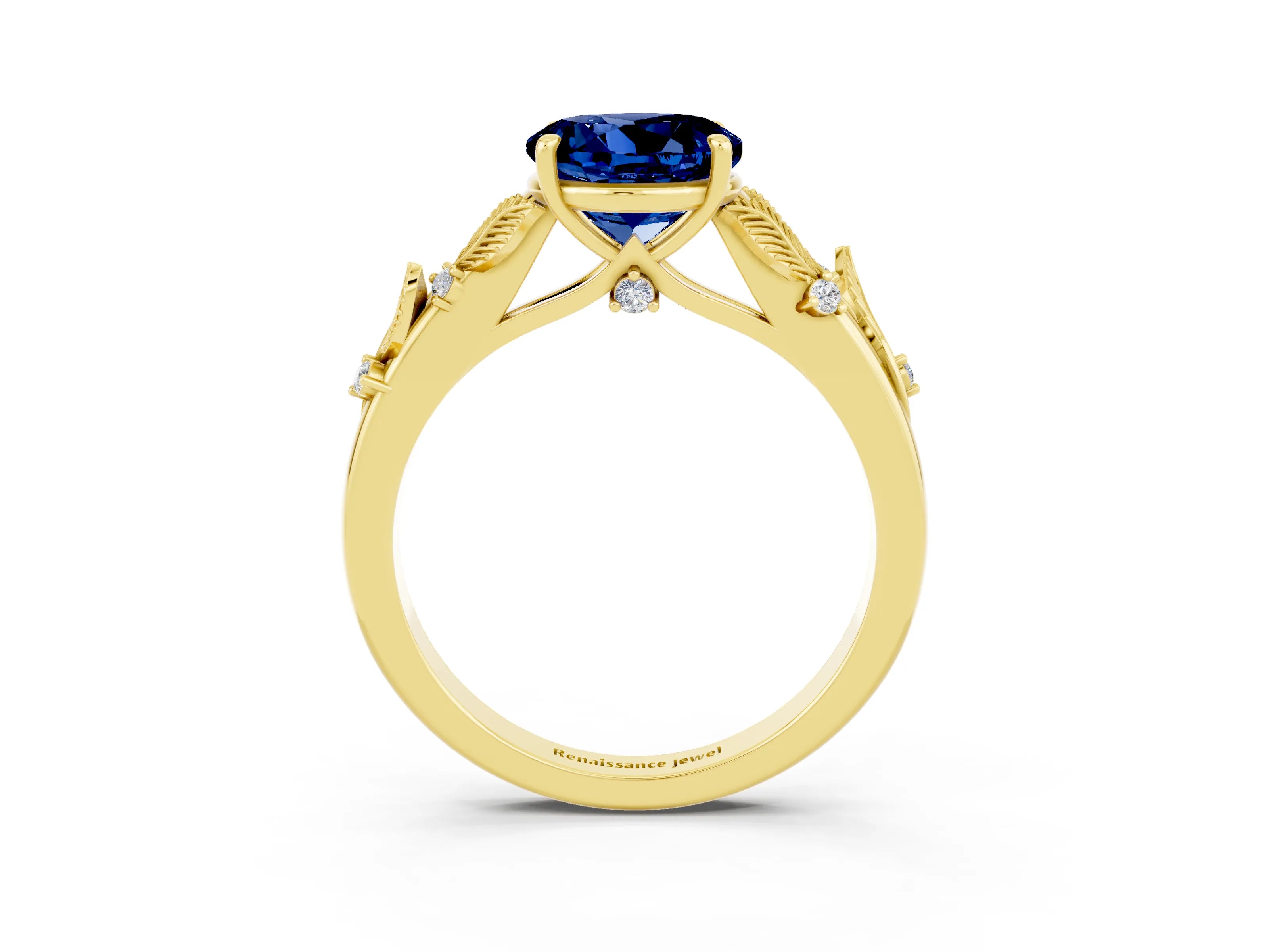Yellow gold Round Cut Blue Sapphire Solitaire Ring with Leaf Motif Band and Four-Prong Setting_3