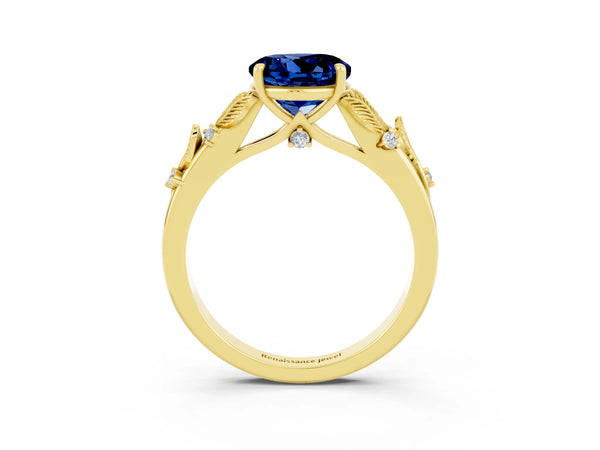 Yellow gold Round Cut Blue Sapphire Solitaire Ring with Leaf Motif Band and Four-Prong Setting