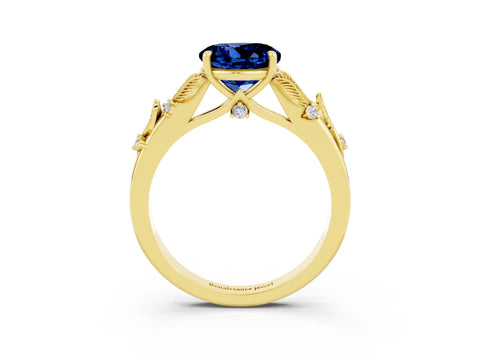 Yellow gold Round Cut Blue Sapphire Solitaire Ring with Leaf Motif Band and Four-Prong Setting_3