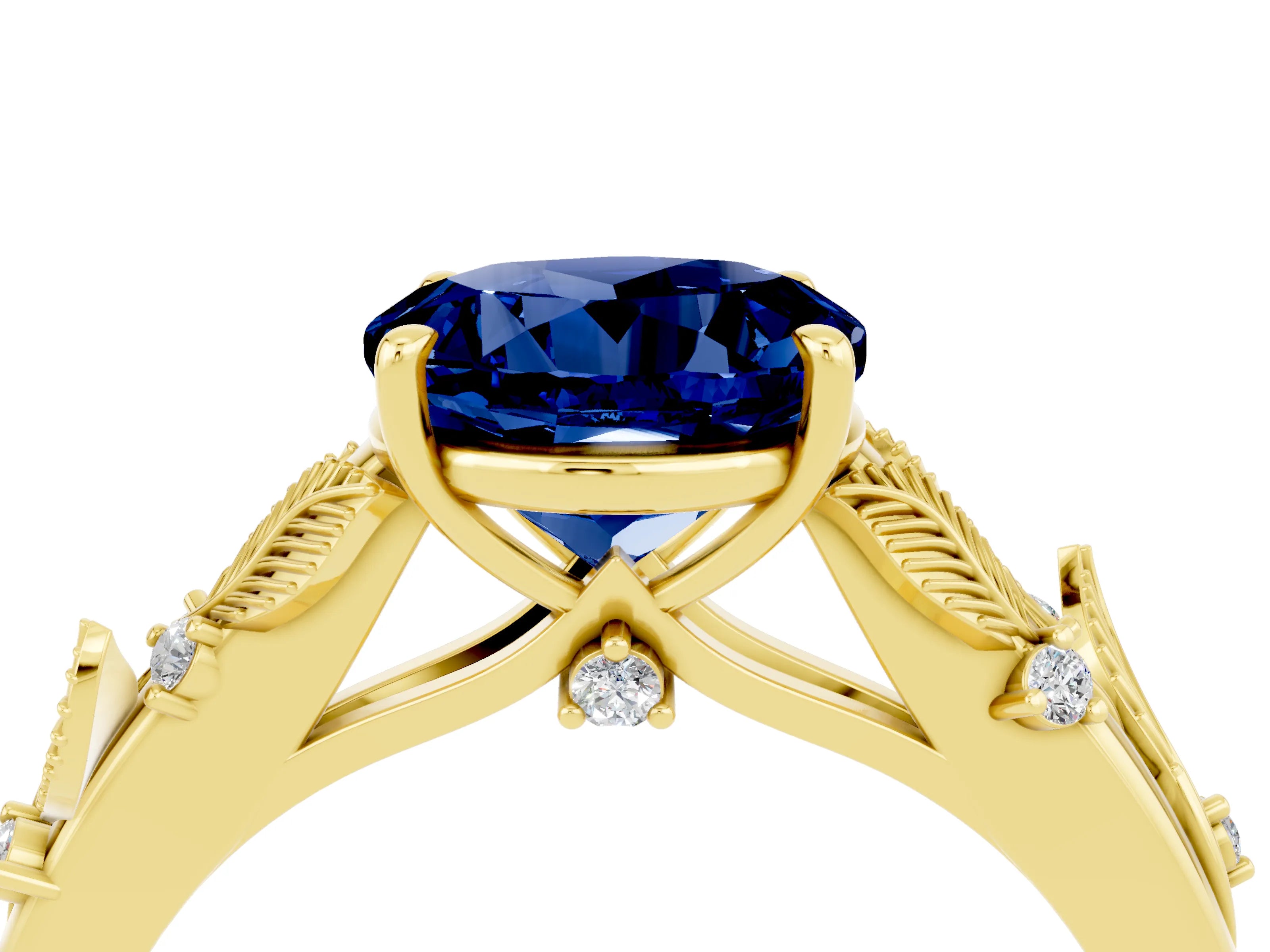Yellow gold Round Cut Blue Sapphire Solitaire Ring with Leaf Motif Band and Four-Prong Setting_4