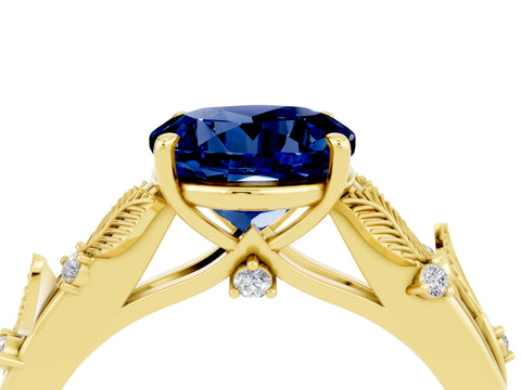 Yellow gold Round Cut Blue Sapphire Solitaire Ring with Leaf Motif Band and Four-Prong Setting_4