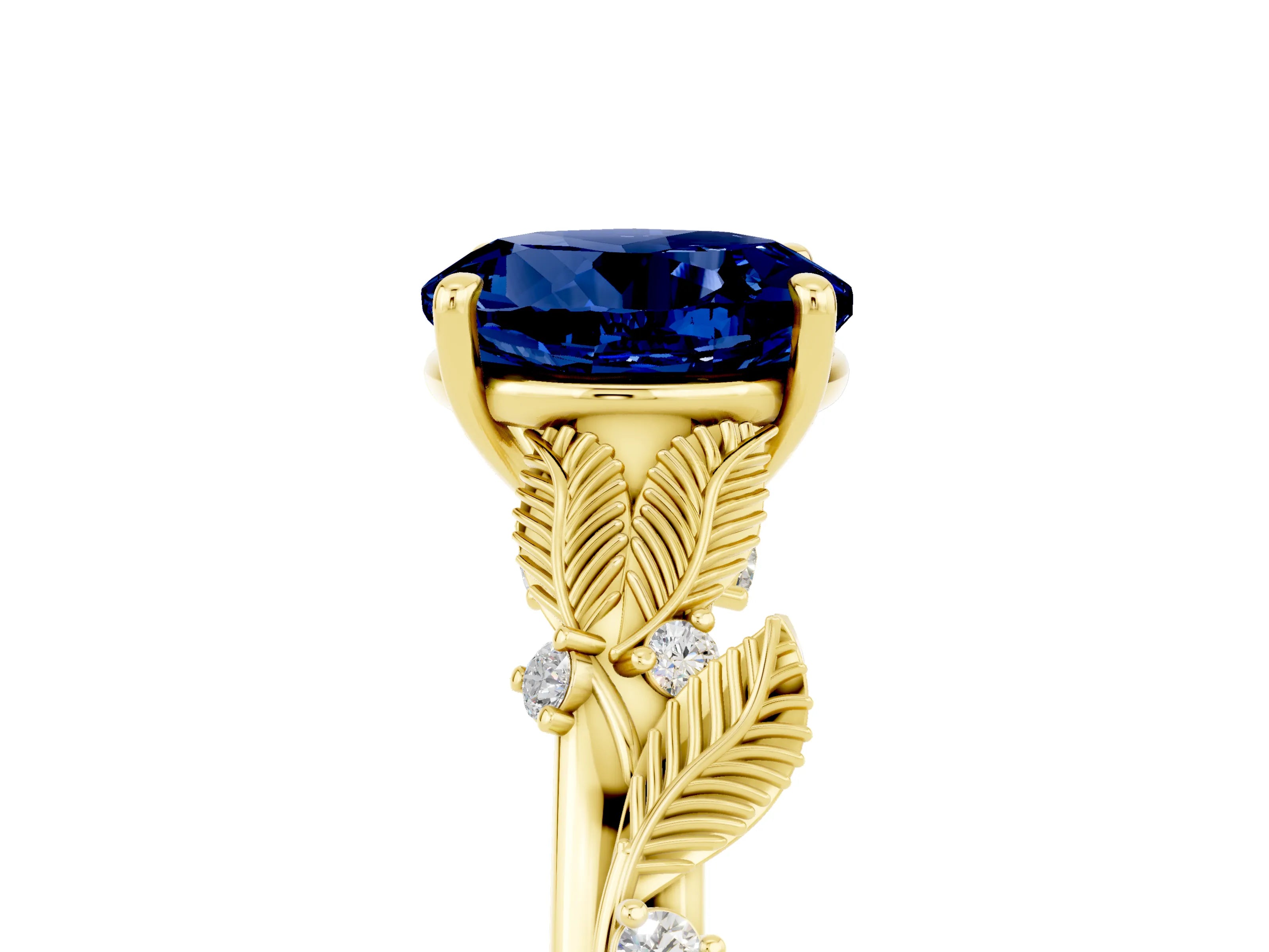Yellow gold Round Cut Blue Sapphire Solitaire Ring with Leaf Motif Band and Four-Prong Setting_5