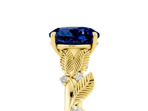 Yellow gold Round Cut Blue Sapphire Solitaire Ring with Leaf Motif Band and Four-Prong Setting_5