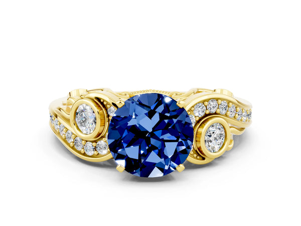 Yellow gold Round Cut Blue Sapphire Solitaire Ring with Milgrain Pavé Band and Four-Prong Setting