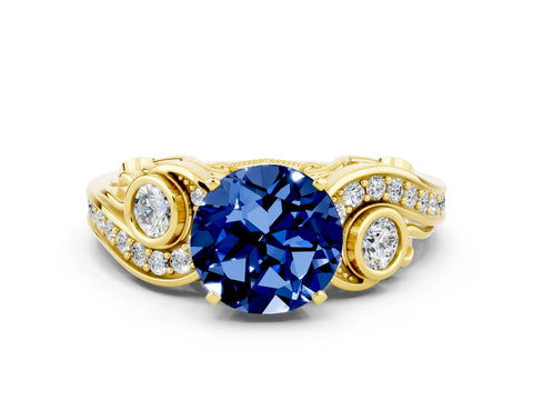 Yellow gold Round Cut Blue Sapphire Solitaire Ring with Milgrain Pavé Band and Four-Prong Setting_24