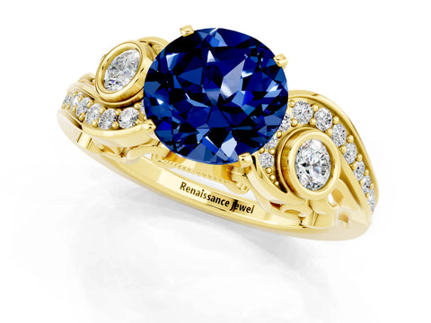 Yellow gold Round Cut Blue Sapphire Solitaire Ring with Milgrain Pavé Band and Four-Prong Setting_25