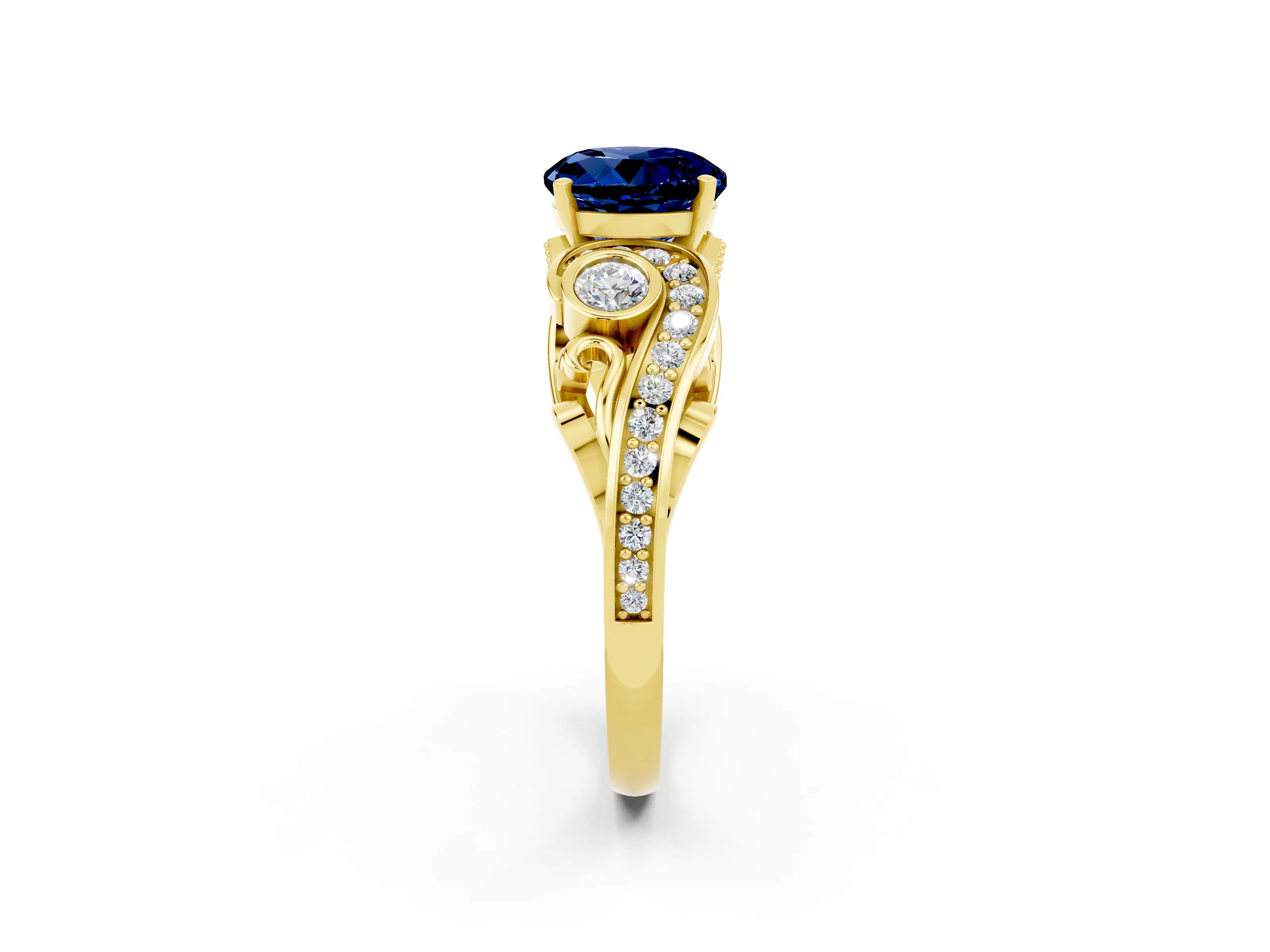 Yellow gold Round Cut Blue Sapphire Solitaire Ring with Milgrain Pavé Band and Four-Prong Setting_26