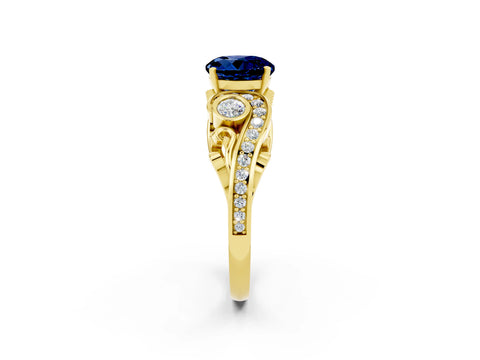Yellow gold Round Cut Blue Sapphire Solitaire Ring with Milgrain Pavé Band and Four-Prong Setting_26