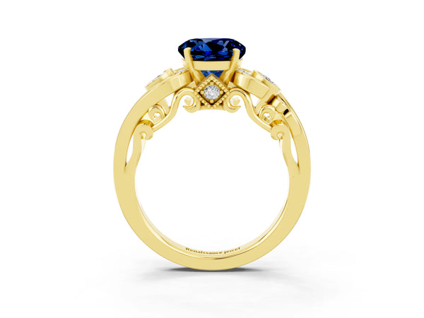 Yellow gold Round Cut Blue Sapphire Solitaire Ring with Milgrain Pavé Band and Four-Prong Setting
