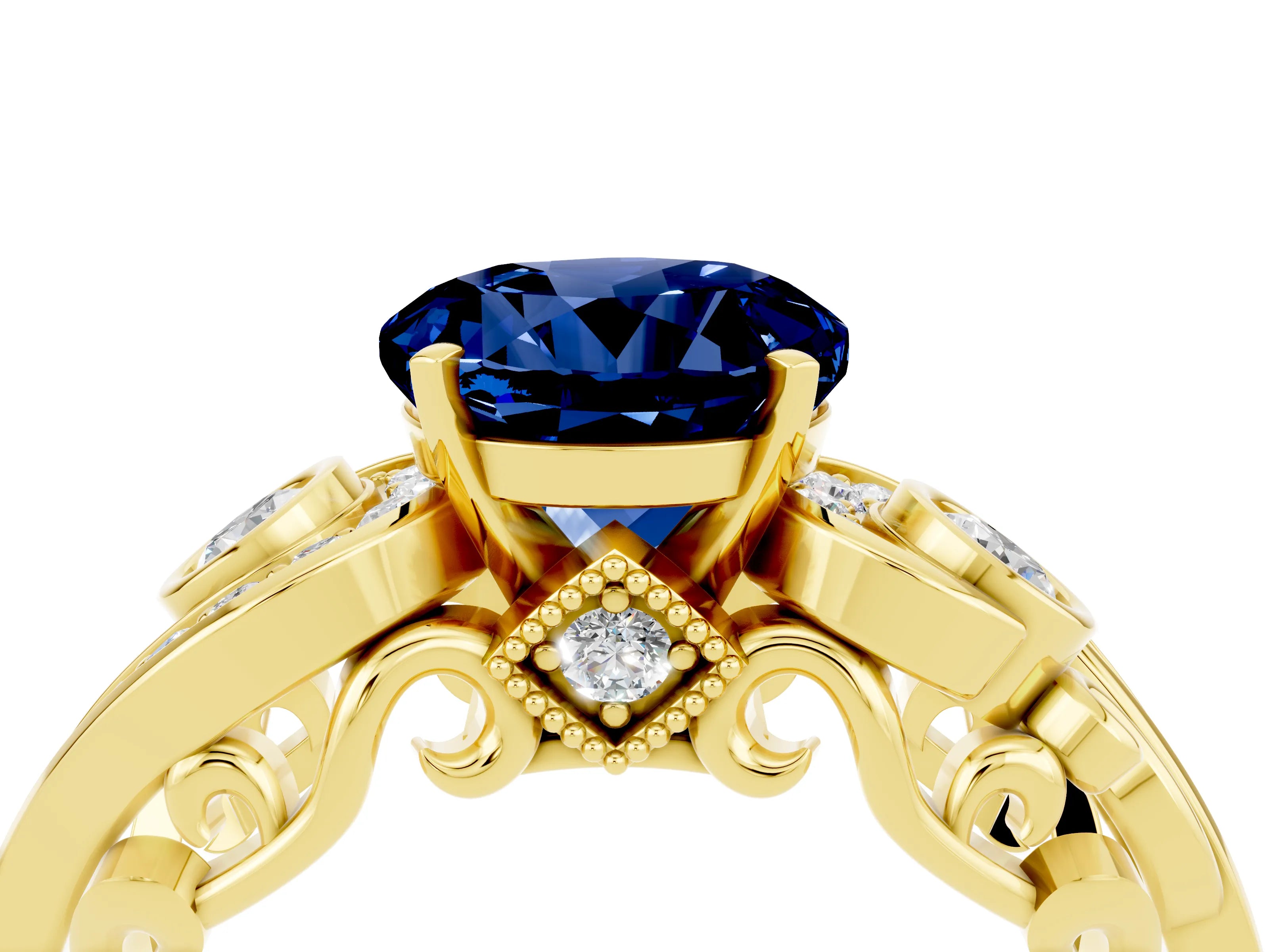 Yellow gold Round Cut Blue Sapphire Solitaire Ring with Milgrain Pavé Band and Four-Prong Setting_28