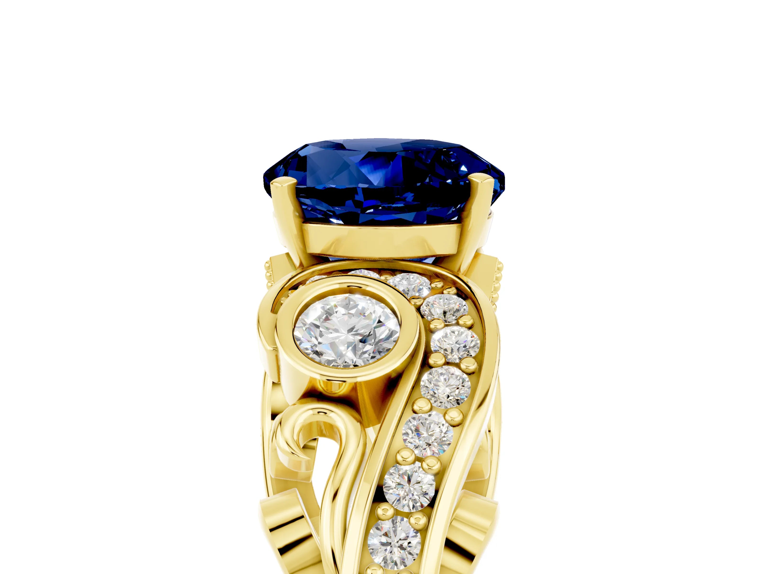 Yellow gold Round Cut Blue Sapphire Solitaire Ring with Milgrain Pavé Band and Four-Prong Setting_29