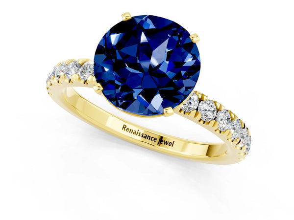 Yellow gold Round Cut Blue Sapphire Solitaire Ring with Pavé Accents and Four-Prong Setting