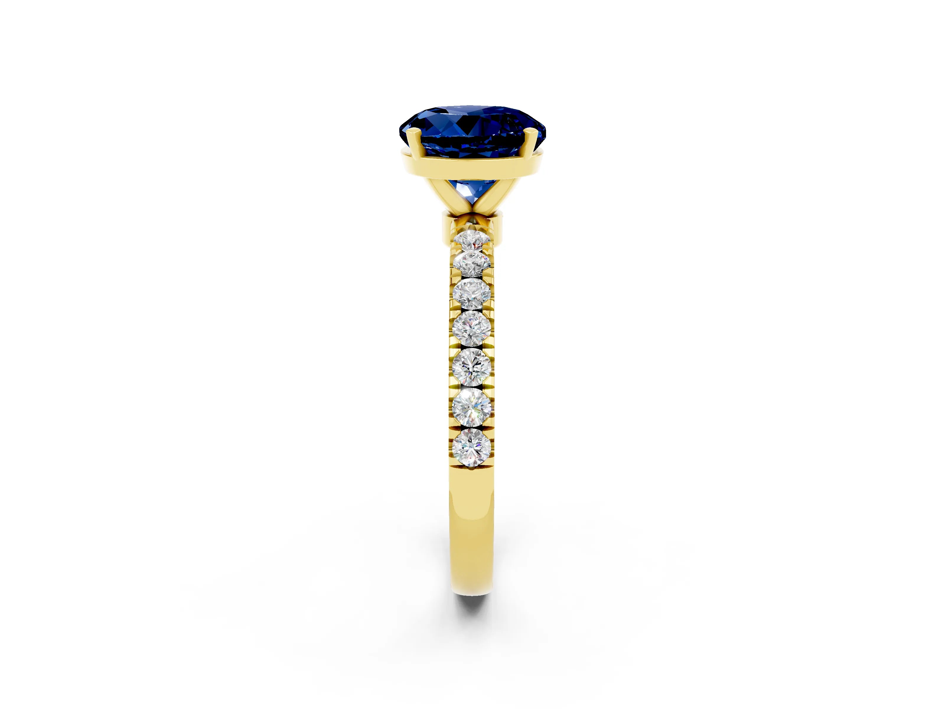 Yellow gold Round Cut Blue Sapphire Solitaire Ring with Pavé Accents and Four-Prong Setting_2