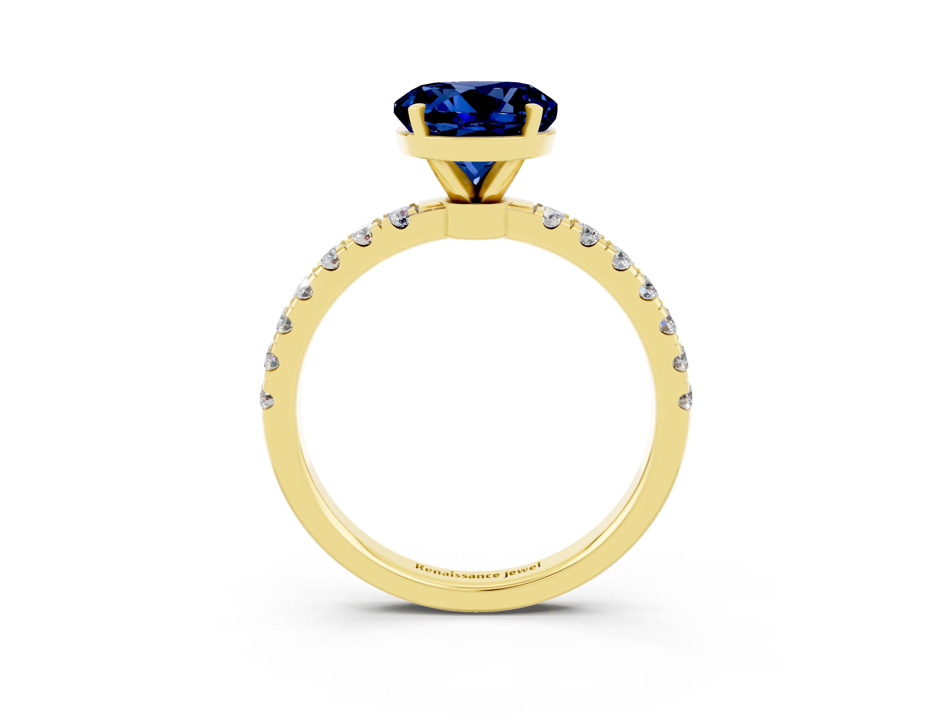 Yellow gold Round Cut Blue Sapphire Solitaire Ring with Pavé Accents and Four-Prong Setting_3