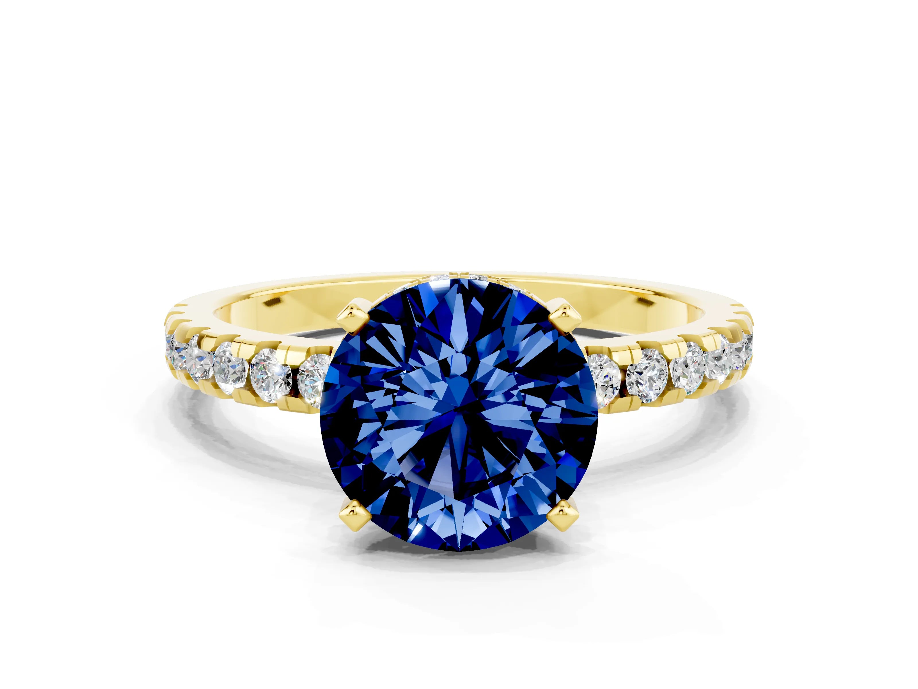 Yellow gold Round Cut Blue Sapphire Solitaire Ring with Pavé Band and Four-Prong Setting_24