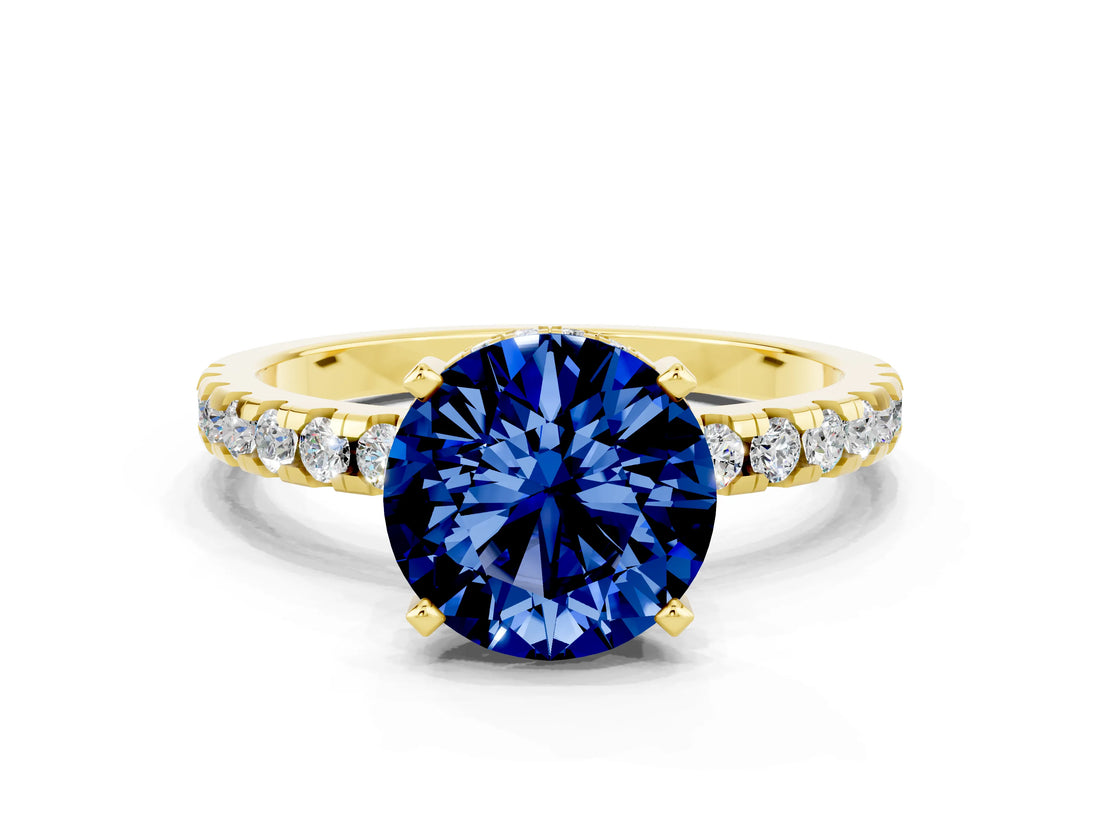 Yellow gold Round Cut Blue Sapphire Solitaire Ring with Pavé Band and Four-Prong Setting_24