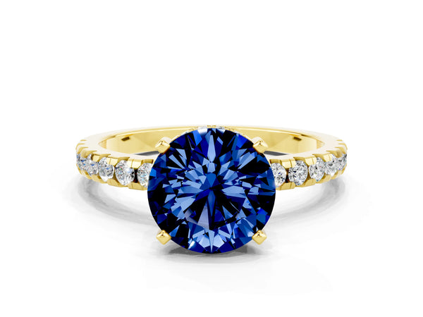 Yellow gold Round Cut Blue Sapphire Solitaire Ring with Round  Pavé Band and Four-Prong Setting