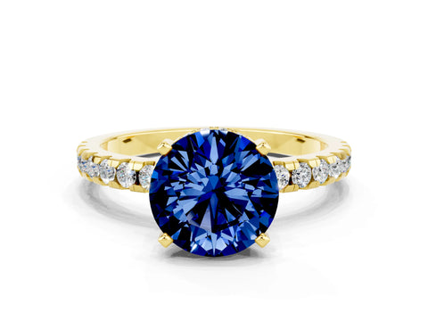 Yellow gold Round Cut Blue Sapphire Solitaire Ring with Pavé Band and Four-Prong Setting_24