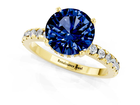 Yellow gold Round Cut Blue Sapphire Solitaire Ring with Pavé Band and Four-Prong Setting_25